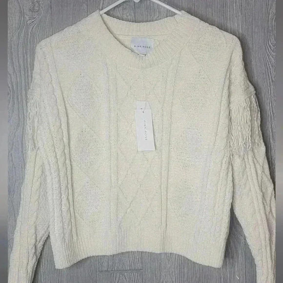 NWT pink rose soft cream sweater with fringe arms. Size XS - Picture 1 of 6